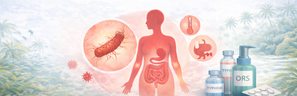 Illustratie van buiktyfus met Salmonella-bacterie en ontstoken darmen in een tropische reisomgeving.