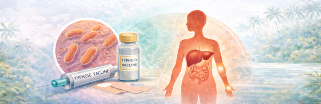 Illustratie van buiktyfusvaccinatie met Salmonella Typhi bacteriën, vaccinspuit en medische hulpmiddelen.