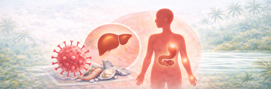 Illustratie van hepatitis A met virusdeeltjes, ontstoken lever en besmet voedsel in een tropische reisomgeving.