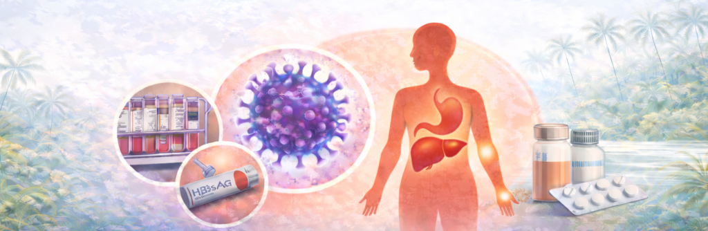 Illustratie van hepatitis B met virusdeeltjes, leverontsteking en bloedonderzoek in een tropische reisomgeving.