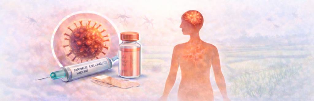 Illustratie van Japanese encephalitis met virusdeeltjes, muggenoverdracht en vaccinatie voor reizigers.
