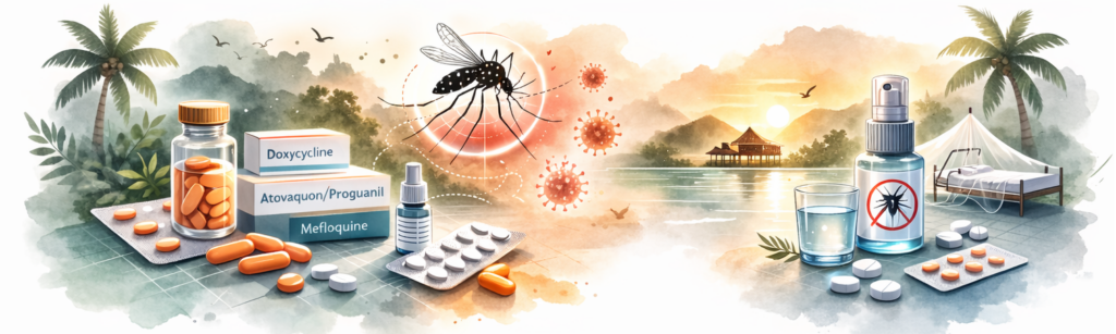 Illustratie van DTP vaccinatie voor reizigers met vaccinflacons, injectiespuit en tropische reisachtergrond.