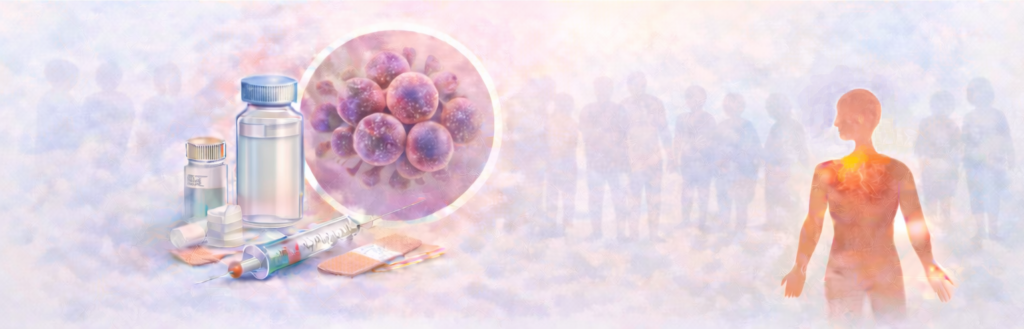 Illustratie van meningokokkeninfectie met bacteriën, vaccinatie en risico op hersenvliesontsteking.