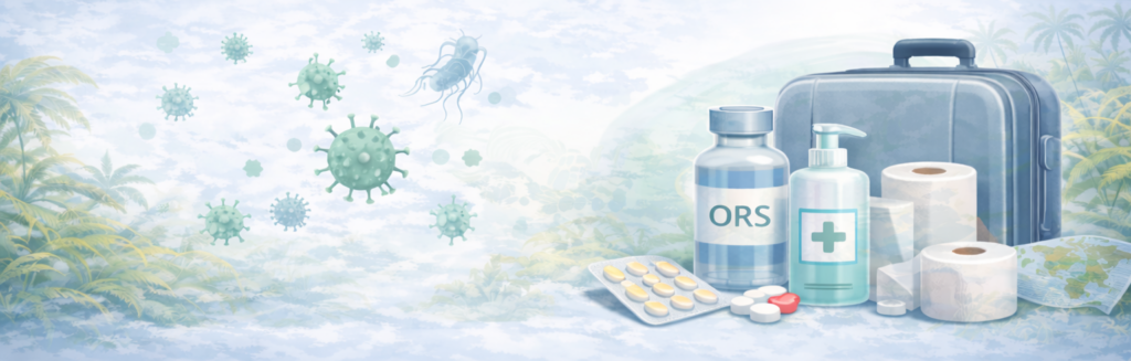 Banner over reizigersdiarree met micro-organismen, ORS, medicijnen en hygiëneproducten in een tropische reiscontext.
