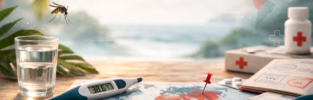 Medische reisbenodigdheden met thermometer en wereldkaart, passend bij koorts na verblijf in tropische gebieden.