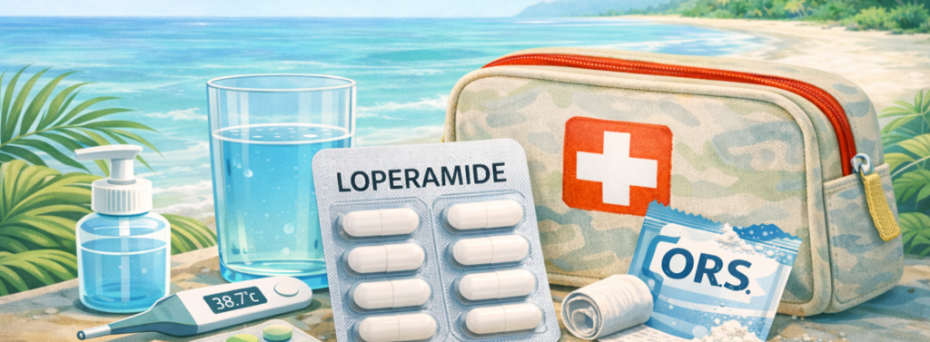Illustratie voor loperamide op reis waarbij er een strip loperamide, een zakje ORS, een glas water, thermometer en EHBO set zichtbaar zijn in een tropische setting.