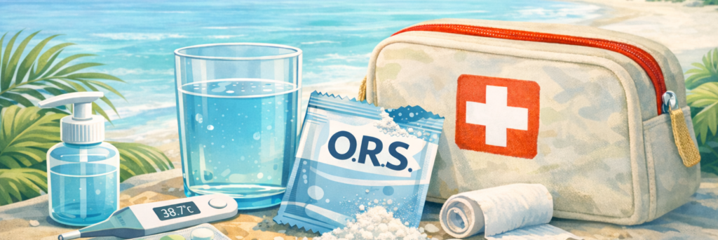 Illustraties over ORS op reis waarop een glas water, een zakje ORS, een thermometer en een EHBO tas zichtbaar zijn in een tropische setting.